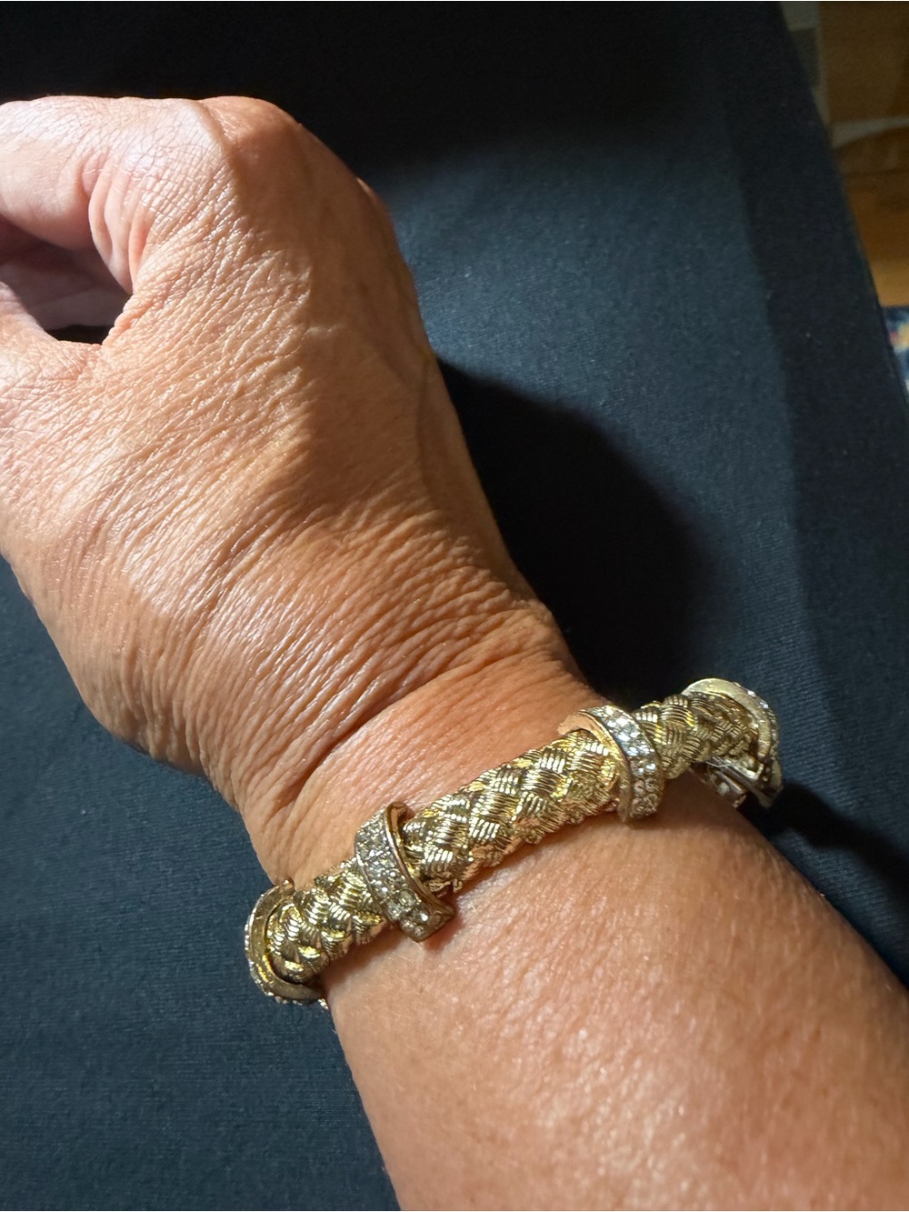 Gold-Tone Braided Rope Bracelet with Crystal Accents Vintage ‘60s